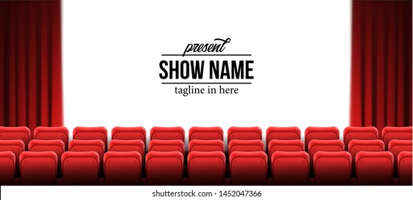 Present Show Name Template With Red Empty Seats At Cinema Movie Theater With Red Curtain Poster Banner