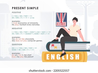 Present simole The rule for studying tenses in English. The concept of learning English. Flat character modern style. Vector illustration.