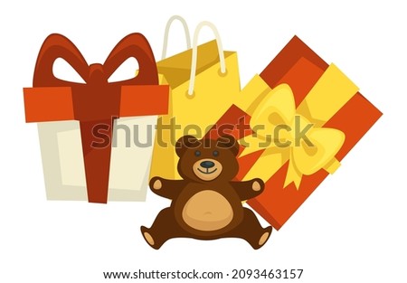 Present for special occasion, birthday or holiday, valentines or mothers day. Isolated gifts for romantic date, plush bear with packages and boxes with ribbons and bows. Vector in flat style