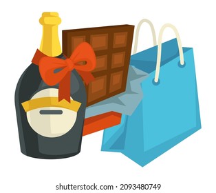 Present for special occasion, birthday or valentines day, xmas or new year celebration. Isolated bottle of wine or champagne, chocolate and bag with gift. Dating and greeting. Vector in flat style