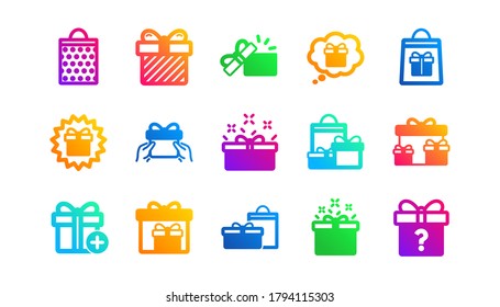 Presente, Oferta Especial y Venta. Iconos de regalo. Juego de iconos clásicos de compras. Patrones de degradado. Señales de calidad. Vector