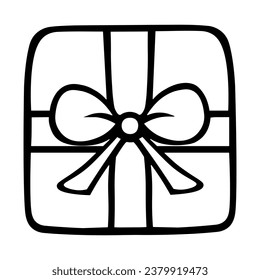 Present. A square box with a surprise is decorated with a bow. Sketch. Vector illustration. Isolated background. Coloring book for children. Doodle style. Present for a festive event. 