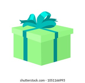 Present square green box decorated by big bow vector illustration carton package design with holiday gift inside, present for shopaholic isolated on white