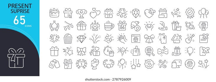 Present surprise icons set representing gifts, celebration, wrapping, holidays, birthdays and special occasions in clean outline style.