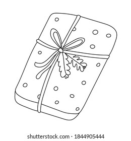 Present tight up with bow ribbon and decorated with spruce branches. Doodle cartoon vector illustration of gift box for Christmas or New Year. Hand drawn sketch isolated on white, black outline.