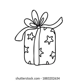 Present tight up with bow ribbon and decorated with stars. Doodle cartoon vector illustration of gift box for Christmas or Birthday. Hand drawn sketch isolated on white, black outline.