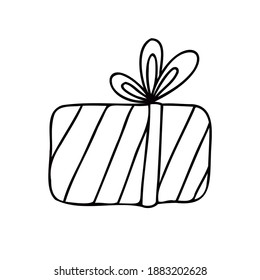 Presente apretado con un arco de cinta adornado con rayas. Dibujo de dibujos animados Doodle ilustra la caja de regalo para Navidad o Cumpleaños. Esbozo dibujado a mano aislado en contorno blanco y negro.