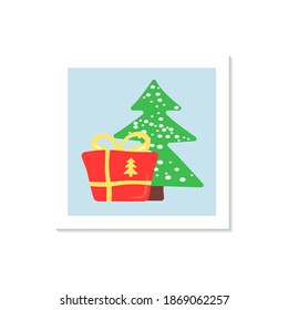 Present under xmas tree social media post mockup with abstract elements. Advertising web banner design template. Layout with colourful graphic shapes. Square poster with flat illustrations
