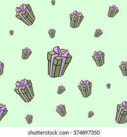  Present for valentine day, box for gift. Vector hand drawn seamless pattern