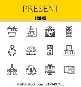 present vector line icons set. gifts, id card and open Icons. Thin line design. Modern outline graphic elements, simple stroke symbols stock illustration