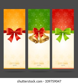 Present Xmas Card with Bow and Bell Set. Vector illustration