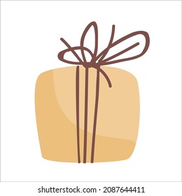 Present yellow box with brown rope. Doodle hand drawn style. Clipart object for birthday, holiday, Christmas, New Year cards, banners, sale concepts. Isolated vector illustration