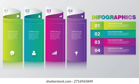 Apresente seus dados de negócios com estilo usando este modelo de vetor infográfico moderno de 4 etapas com um papel enrolado criativo ou design de banner cilíndrico 3D. Este layout profissional é organizado em quatro seções verticais proeminentes, cada uma distinguida por uma cor gradiente vibrante: verde-limão para 01, azul escuro para 02, rosa magenta para 03 e roxo profundo para 04. Cada faixa vertical inclui um indicador de etapa circular na parte superior e um ícone branco profissional na parte superior e inferior para representar as principais métricas de negócios, incluindo um gráfico de pizza para distribuição de dados, um ícone de pessoa para recursos humanos, um gráfico de crescimento para o sucesso financeiro e uma lâmpada para a inovação.

O lado direito do modelo apresenta um painel de resumo secundário "INFINFOGRAPHICS". Esta seção espelha o processo de quatro etapas com barras horizontais codificadas por cores, fornecendo cabeçalhos dedicados "COLOQUE SEU TEXTO AQUI" e espaços reservados para parágrafos para resumos concisos. Esse layout de exibição dupla — combinando grandes elementos visuais verticais com uma lista horizontal detalhada — o torna uma ferramenta excepcional para slides corporativos, relatórios anuais, estratégias de marketing e apresentações educacionais. Como um arquivo vetorial EPS 10 de alta qualidade, cada elemento deste infográfico é totalmente editável e escalável. Você pode ajustar facilmente as cores do gradiente, trocar os ícones e atualizar a tipografia para corresponder à identidade visual específica da sua marca, mantendo uma qualidade nítida e de alta resolução para mídia impressa e digital.