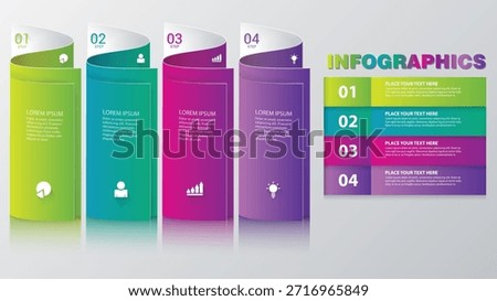 Present your business data with style using this modern 4-step infographic vector template featuring a creative rolled paper or 3D cylindrical banner design. This professional layout is organized into four prominent vertical sections, each distinguished by a vibrant gradient color: lime green for 01, teal blue for 02, magenta pink for 03, and deep purple for 04. Each vertical banner includes a circular step indicator at the top and a professional white icon at both the top and bottom to represent key business metrics, including a pie chart for data distribution, a person icon for human resources, a growth graph for financial success, and a light bulb for innovation.

The right side of the template features a secondary 