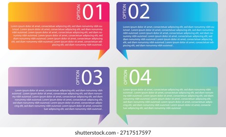 Presenta tus puntos clave con impacto usando esta Plantilla de infografía de burbujas de discurso de 4 opciones. El diseño presenta cuatro Grandes cuadros de texto rectangulares con colas de puntero, cada uno utilizando un impresionante gradiente Horizontal: naranja a rosa (01), azul oscuro a claro (02), púrpura a índigo (03) y verde a aqua (04). Cada burbuja está claramente numerada del 01 al 04 y contiene un generoso texto de marcador de posición "Lorem ipsum" para su contenido detallado. Este diseño moderno y minimalista es muy eficaz para explicar valores básicos, características de servicio o guías rápidas paso a paso en gráficos de redes sociales, publicaciones de blog y presentaciones comerciales.