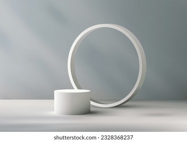 Present your products in style with this modern and creative interior concept product display mockup podium. The 3D realistic design features a white color podium on a gray background with circle