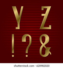 Presentable gold font. Y, Z isolated golden letters, ampersand, exclamation and question marks.
