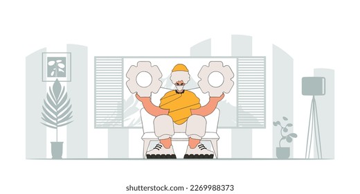 Presentable guy holding gears. Illustration on the theme of the appearance of an idea.