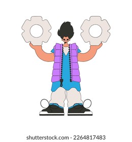 Presentable Guy holds gears in his hands. Idea theme.