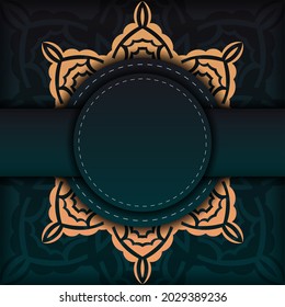 Presentable Postcard design in dark green color with Arabic ornament. Vector invitation card with vintage patterns.