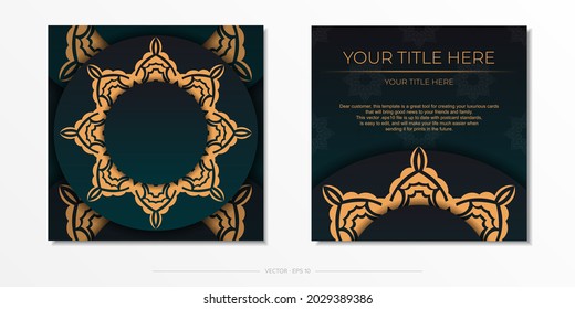 Presentable Ready-to-print postcard design in dark green color with arabic patterns. Invitation card template with vintage patterns.