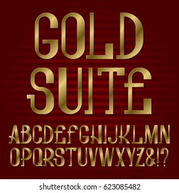 Presentable retro style font. Golden capital letters. Isolated english alphabet with text Gold Suite.