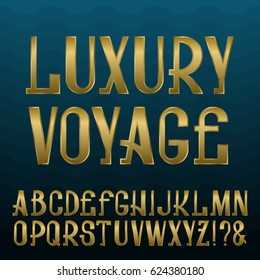 Presentable retro style font. Golden capital letters on blue wavy background. Isolated english alphabet with text Luxury Voyage.
