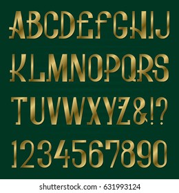 Presentable retro style font. Golden capital letters and numbers. Isolated english alphabet.