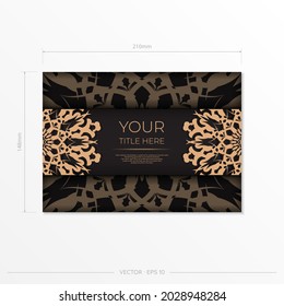 Presentable Template for print design postcards in black color with arabic patterns. Vector preparation of invitation card with vintage ornament.