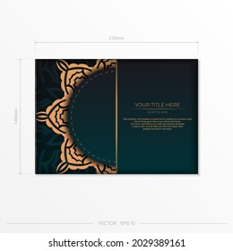 Presentable Vector Ready-to-Print Dark Green Color Postcard Design with Arabic Patterns. Invitation card template with vintage ornament.