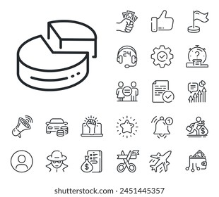 Presentación signo de gráfico 3d. Iconos de salariales, igualdad de género y campanas de alerta. Icono de línea de gráfico circular. Símbolo de análisis de mercado. Signo de línea de gráfico circular. Espiar o icono de marcador de posición de perfil. Vector