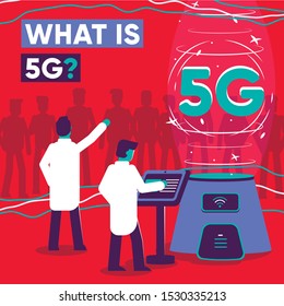 
Presentation of 5g networks. Scientists in the laboratory. Vector illustration.