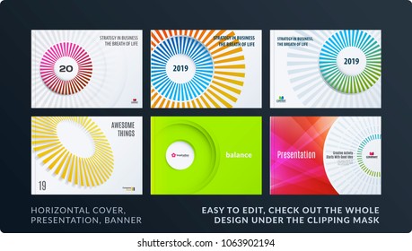 Presentation. Abstract vector set of modern horizontal templates with colourful rays, circles for business, teamwork,