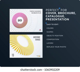 Presentation. Abstract vector set of modern horizontal templates with colourful yellow grey rays, circles for business, teamwork,
