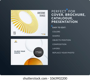 Presentation. Abstract yellow grey vector set of modern horizontal templates with colourful rays, circles for business, teamwork,