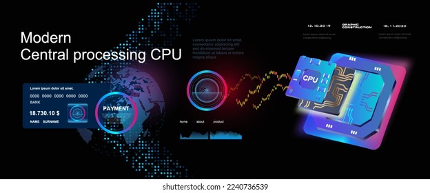 Presentation and advertising new generation computer processor. Innovative stream processor for computer on futuristic background. Development of computer chips and boards