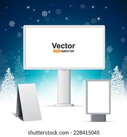 presentation of advertising on the street: set of blank roll-up poster, billboard, fair desk