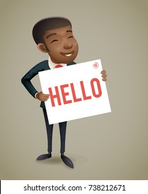 Presentation Afro European African American Businessman Character Demonstration Call Card Banking Greeting Vintage Hand Icon Retro Cartoon Design Vector Illustration