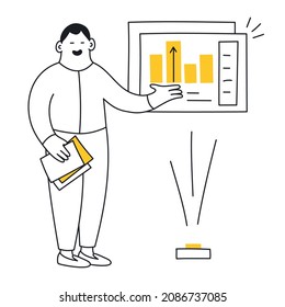 Presentation of analytics, achievements, charts and forecasts. A cute cartoon businessman presenting some data, charts and marketing results. Thin line vector illustration on white background.