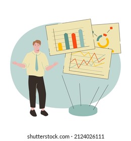 Presentación de análisis, logros, gráficos y pronósticos. Un tierno empresario de dibujos animados que presenta algunos datos, gráficos y resultados de marketing. Ilustración vectorial de línea delgada sobre fondo blanco.