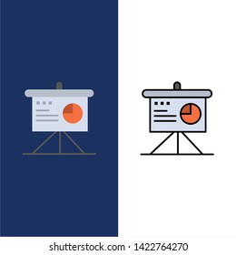 Presentation, Analytics, Board, Business  Icons. Flat and Line Filled Icon Set Vector Blue Background