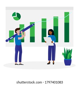 Presentation analytics of company. Teamwork of office worker and manager. Flat cartoon character.