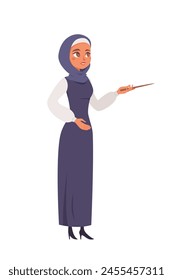 Presentation of arabian business woman. Muslim female with pointer in hand. Office, work, lecture, seminar. Cartoon vector illustration. Saudi teacher, manager, engineer, worker.