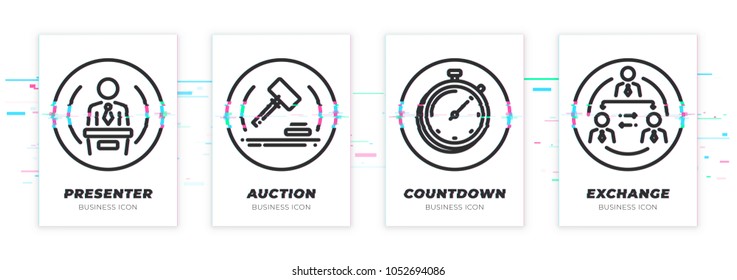 Presentation, auction, countdown, exchange. Business theme glitched black icons set. Scalable vector objects on transparent background. Modern distorted glitch style.