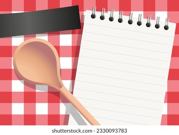Presentation background for a cooking recipe with a notepad and a wooden spoon placed on a gingham tablecloth.