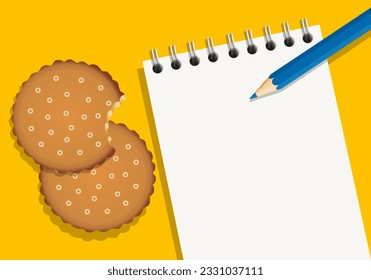 Antecedentes de la presentación para ilustrar la fiesta del té de un escolar con galletas y un cuaderno de bocetos.