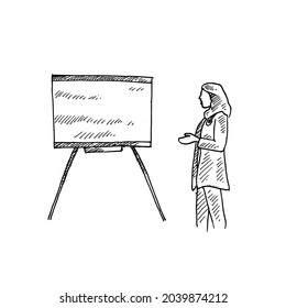 Presentation.	a beautiful female trainer, standing facing the blackboard.	Retro vintage sketch vector illustration. Engraving style. black isolated on white background. vector draw graphic design 