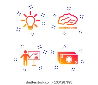 Presentation billboard, brainstorm icons. Cash money and lamp idea signs. Man standing with pointer. Scheme and Diagram symbol. Random dynamic shapes. Gradient teamwork icon. Vector