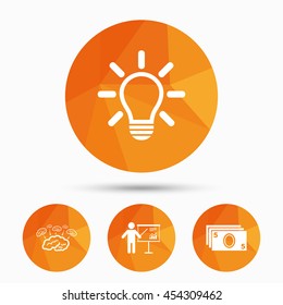 Presentation billboard, brainstorm icons. Cash money and lamp idea signs. Man standing with pointer. Scheme and Diagram symbol. Triangular low poly buttons with shadow. Vector