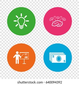 Presentation billboard, brainstorm icons. Cash money and lamp idea signs. Man standing with pointer. Scheme and Diagram symbol. Round buttons on transparent background. Vector